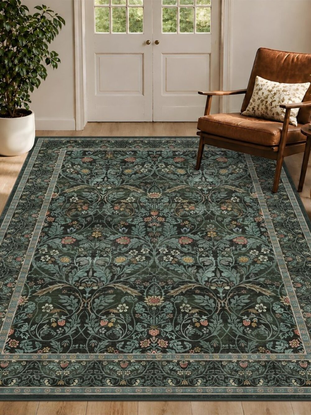 Dusty Teal Area Rug for Entryway Living Room, Floral Washable Rugs 5x7 for